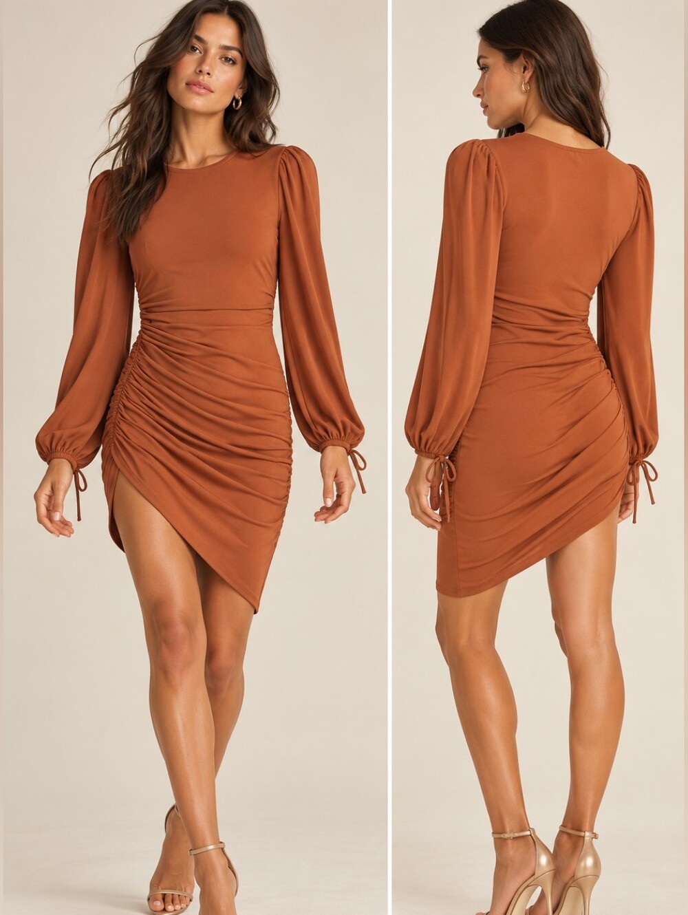LOVERS and FRIENDS Suki Cinnamon Rust Ruched Puff Sleeve Asymmetrical Dress L
